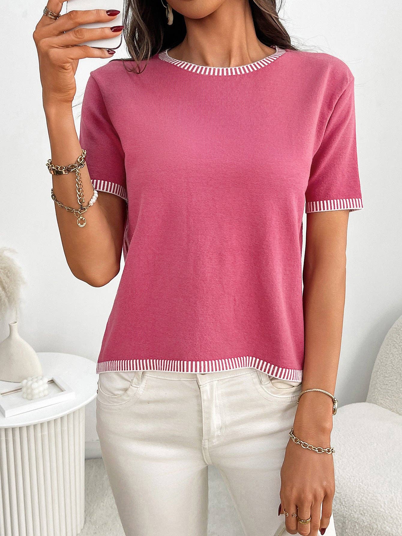 Lovesoft - Wholesale Knit Top - Women's - Women’s Striped Trim Short Sleeve Knit Top Pullover Tee0