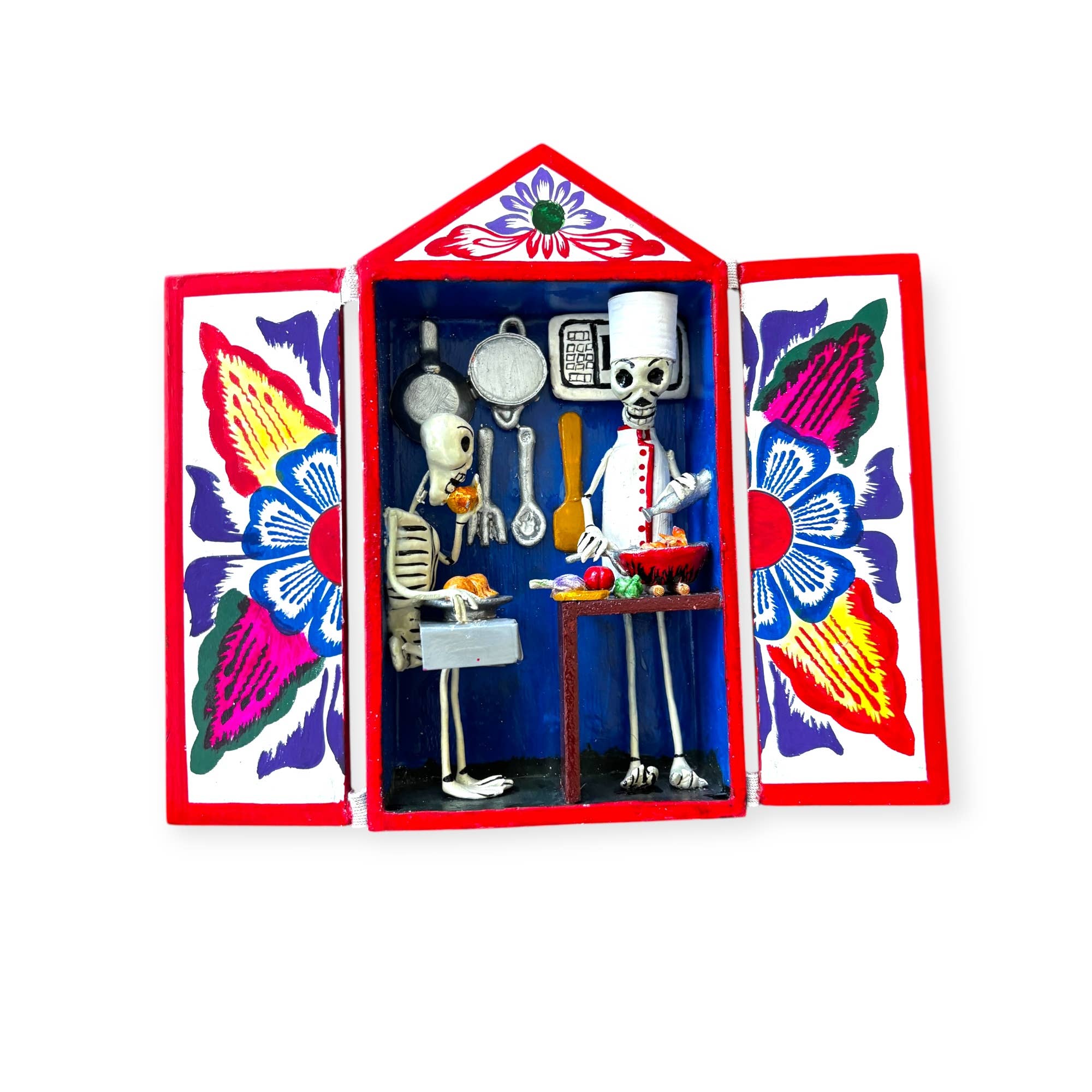 Zoe Artcrafts Corp. - Vendita all'ingrosso Statuette decorative - Retablos messicani artigianali per il Giorno dei Morti, Altare con scheletri4