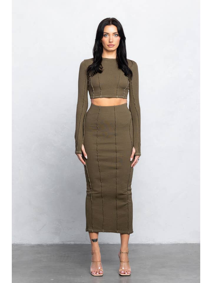 No Vacancy - Wholesale Top & Skirt Set - Women's - Ribbed outseam stitch top and long skirt set3