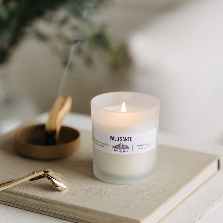 Rain City Rae's - Wholesale Jar/Filled Candle - Palo Santo 8 oz Frosted Candle | Smoky Warm + Sultry Scent