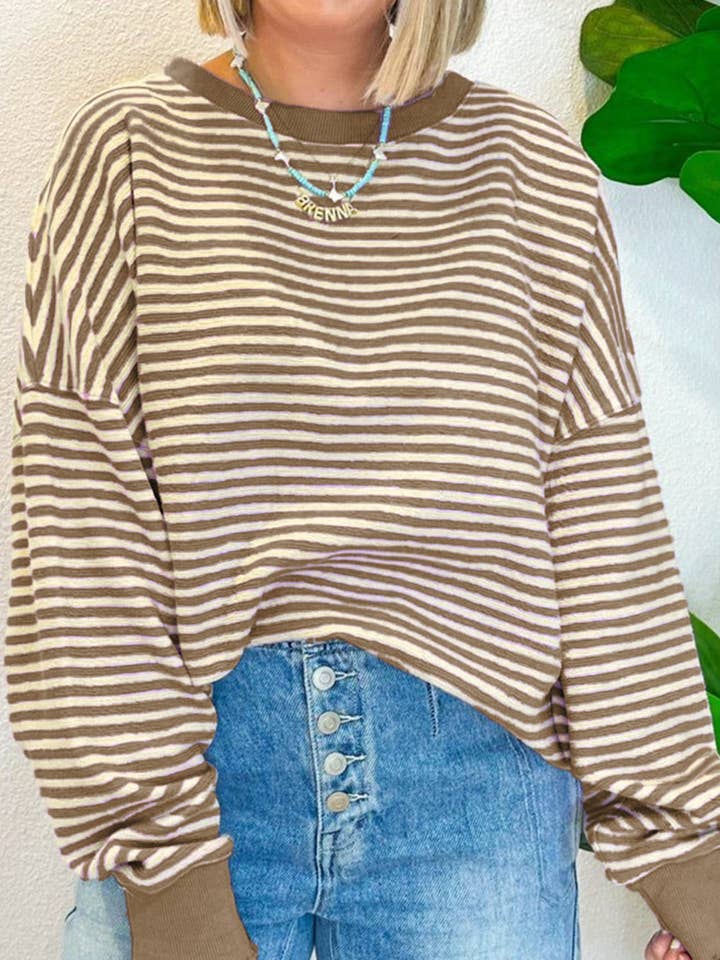 LALA LOO - Wholesale Knit Top - Women's - Stripe Drop Shoulder Long Sleeve Top
