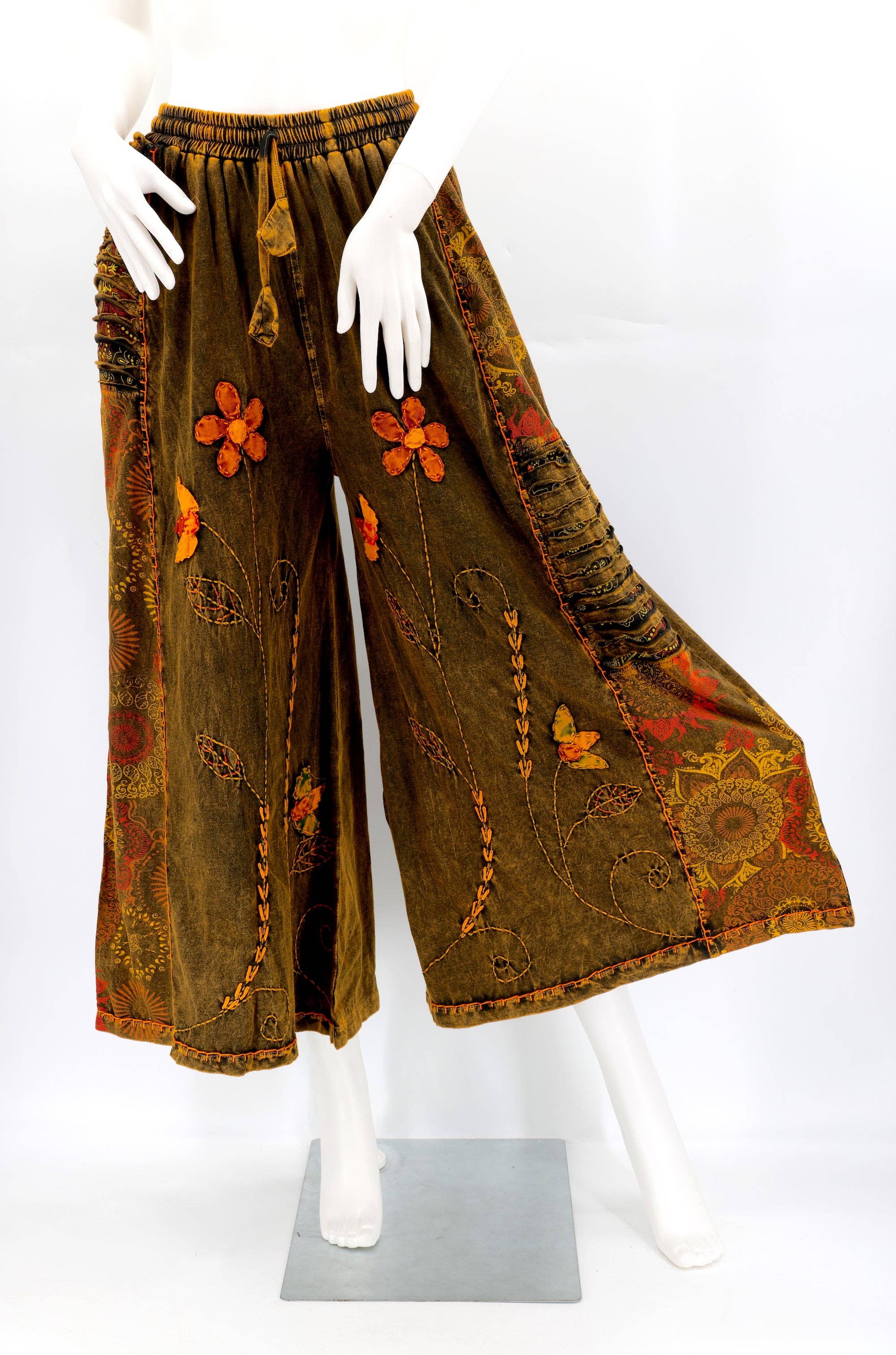 Himalaya Handmade - Wholesale Pants - Women's - Floral Embroidered Wide Leg Cotton Palazzo Pants1