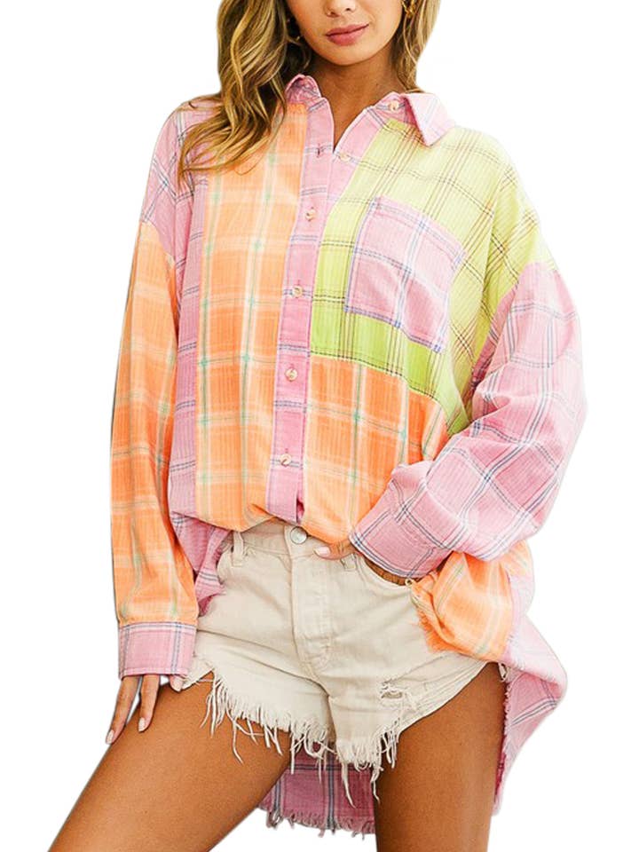 PINK PEACH LIME Bleach Washed Check Plaid Shirt for wholesale on Faire