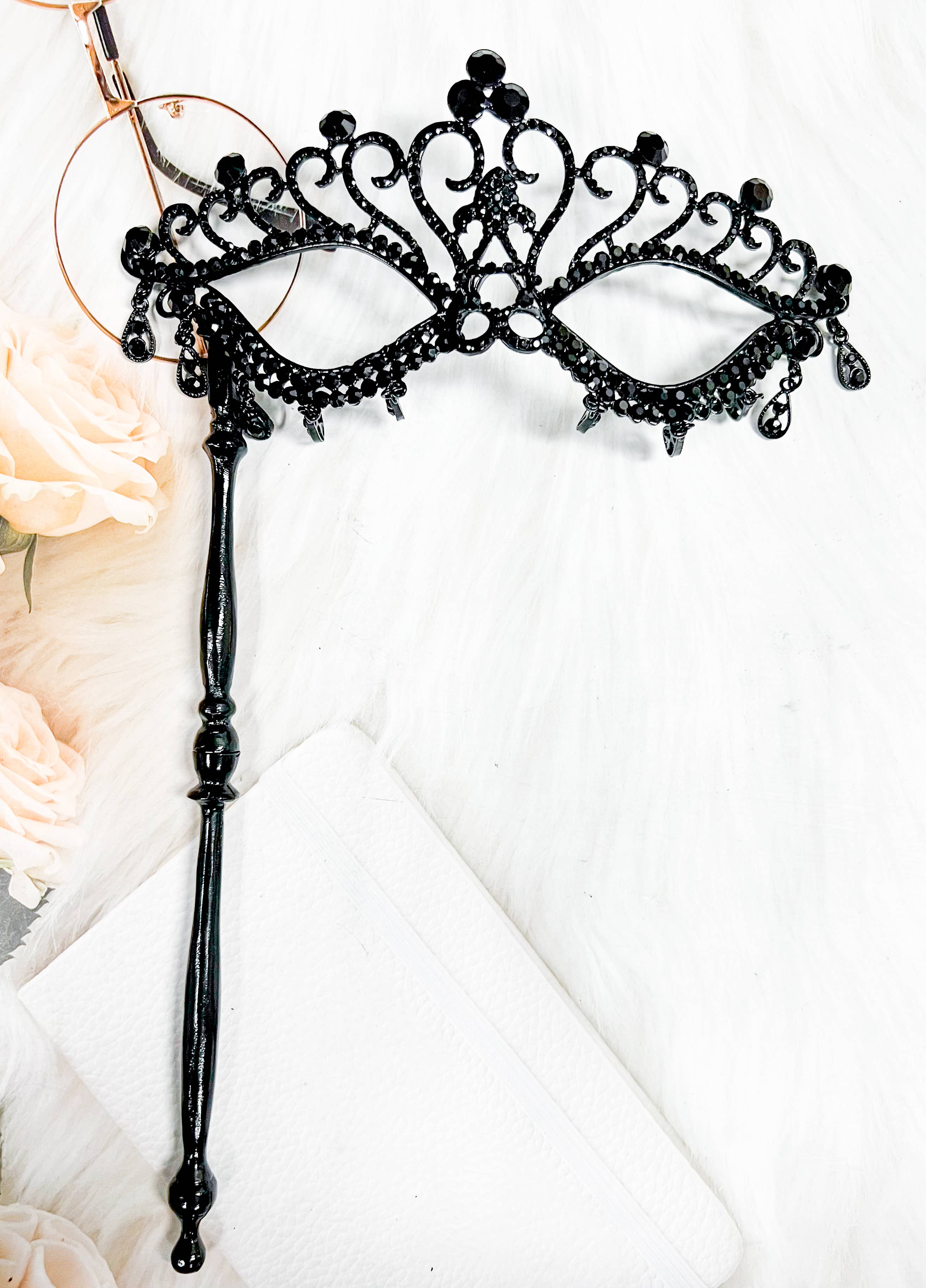 Happy Dream Gifts - Wholesale Costume - Men's - Black Masquerade Mask with Stick, Crystal Masquerade Mask3