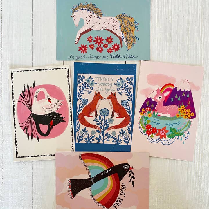 Animals and Birds Postcard Pack - 10 postcards for wholesale by Dream Folk Studio