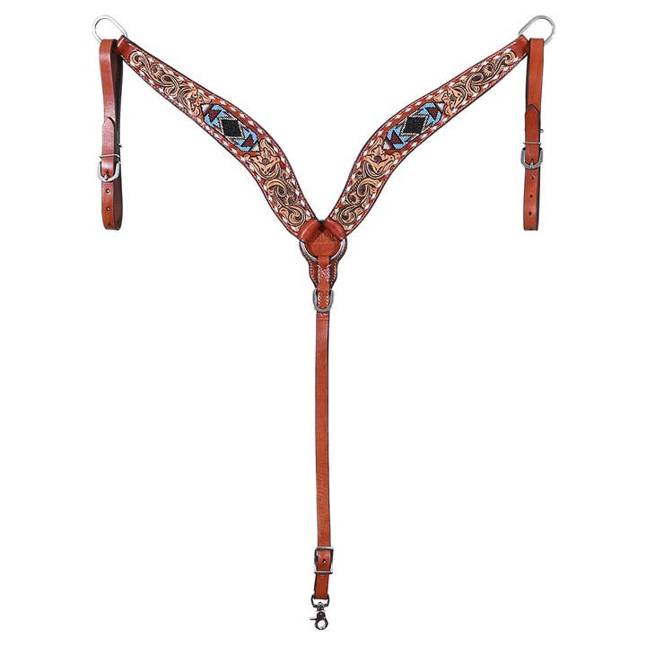 HILASON - Wholesale Horseback Riding Gear - Hilason Horse Floral Hand Carved American Leather Breast Collar Headstall W/ Beaded Work Brown