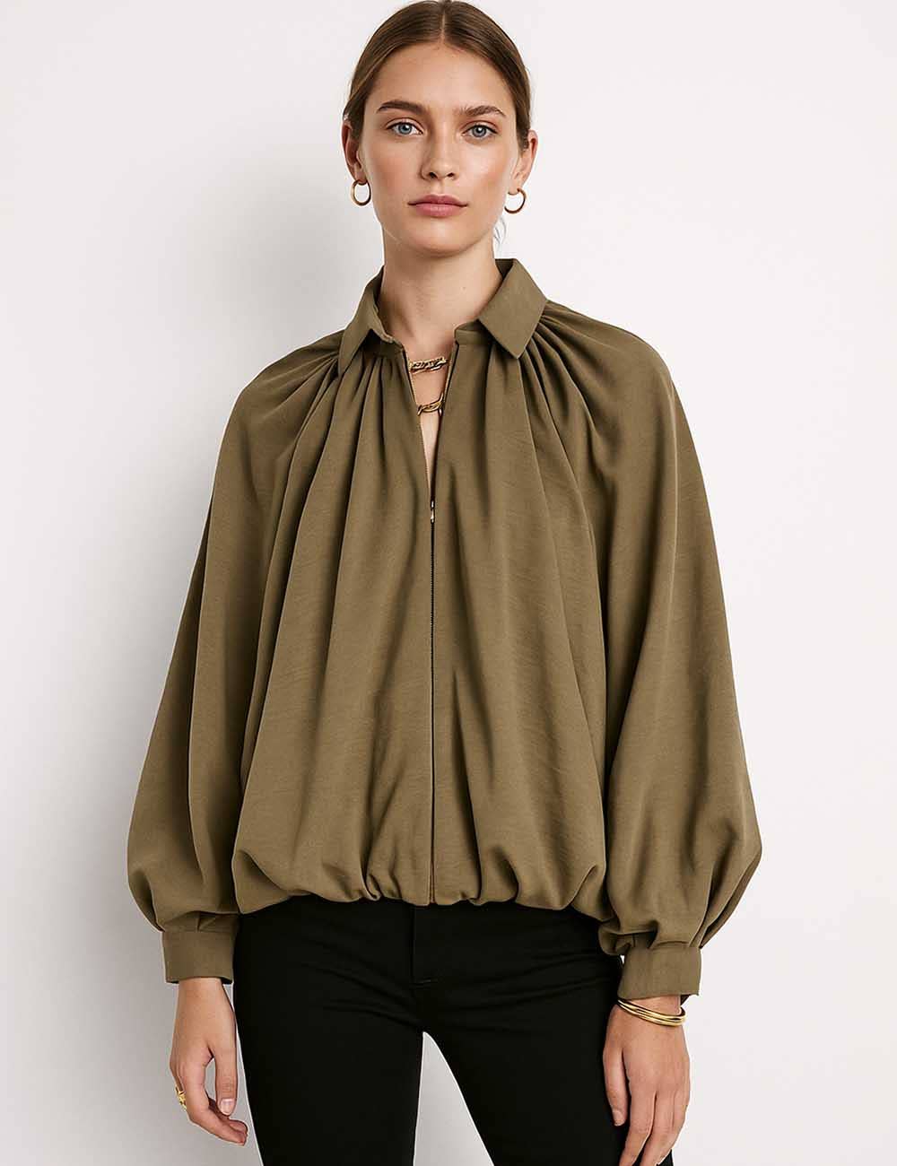 Sweetkama - Wholesale Jacket - Women's - Ladies Balloon Hem Bomber Jacket Zip Up Long Sleeves Coat11