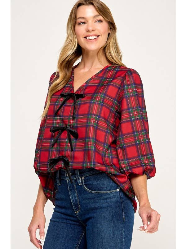 MintChoco - Wholesale Screen Printed T-Shirt - Women's - Plaid Holiday tie front blouse7