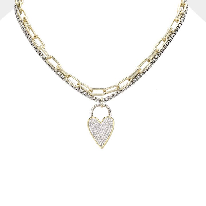 Embellish Your Life - Wholesale Pendant/Charm Necklace - 2 Tone Pave Heart Necklace