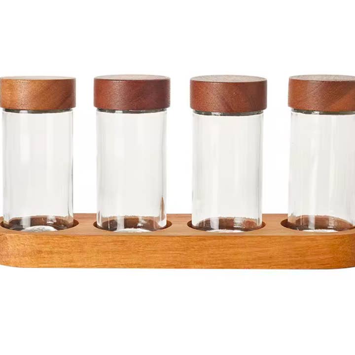 ALETA FARMS - Wholesale Spice Rack - Grindstone, Acacia Wood 4-Slot Spice Jar Organizer and Tray2