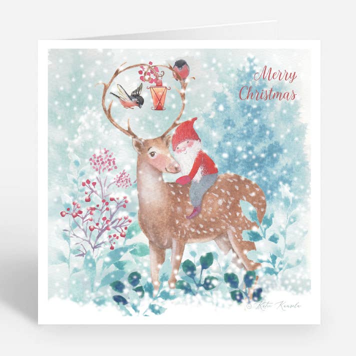 Carte de Noël aquarelle avec un lutin de Noël et un renne pour la vente par Rosenheart