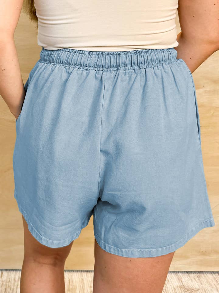 Beau Blue Washed Chambray Drawstring Elastic Waist Plus Size Shorts for wholesale on Faire1