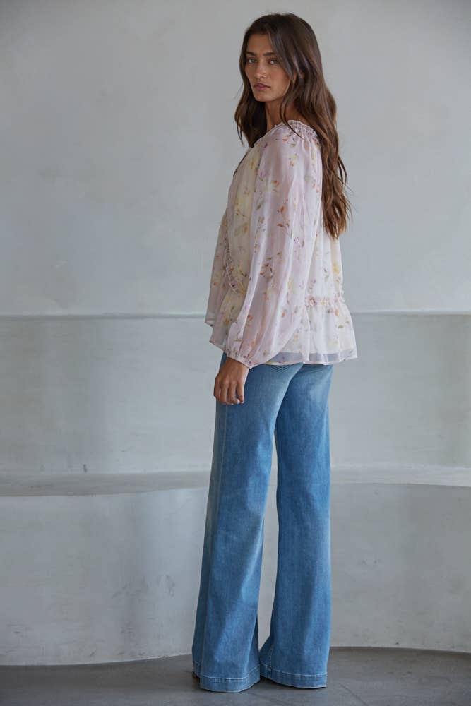 Blush Multi L9718 | Woven Polyester Floral Print V-Neck Long Sleeve Top  for wholesale on Faire3