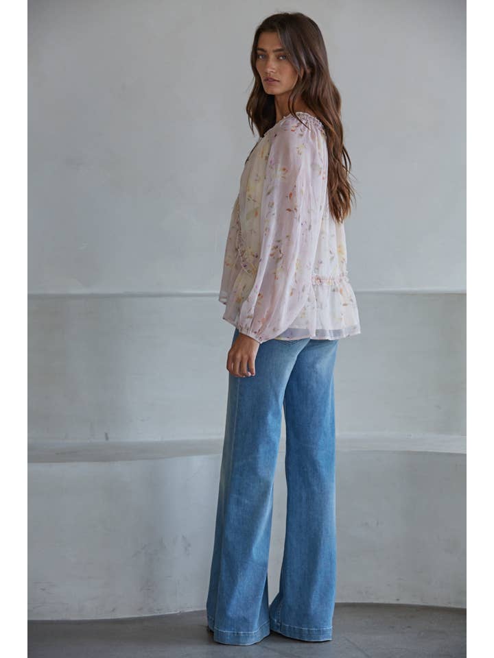 Blush Multi L9718 | Woven Polyester Floral Print V-Neck Long Sleeve Top for wholesale on Faire3