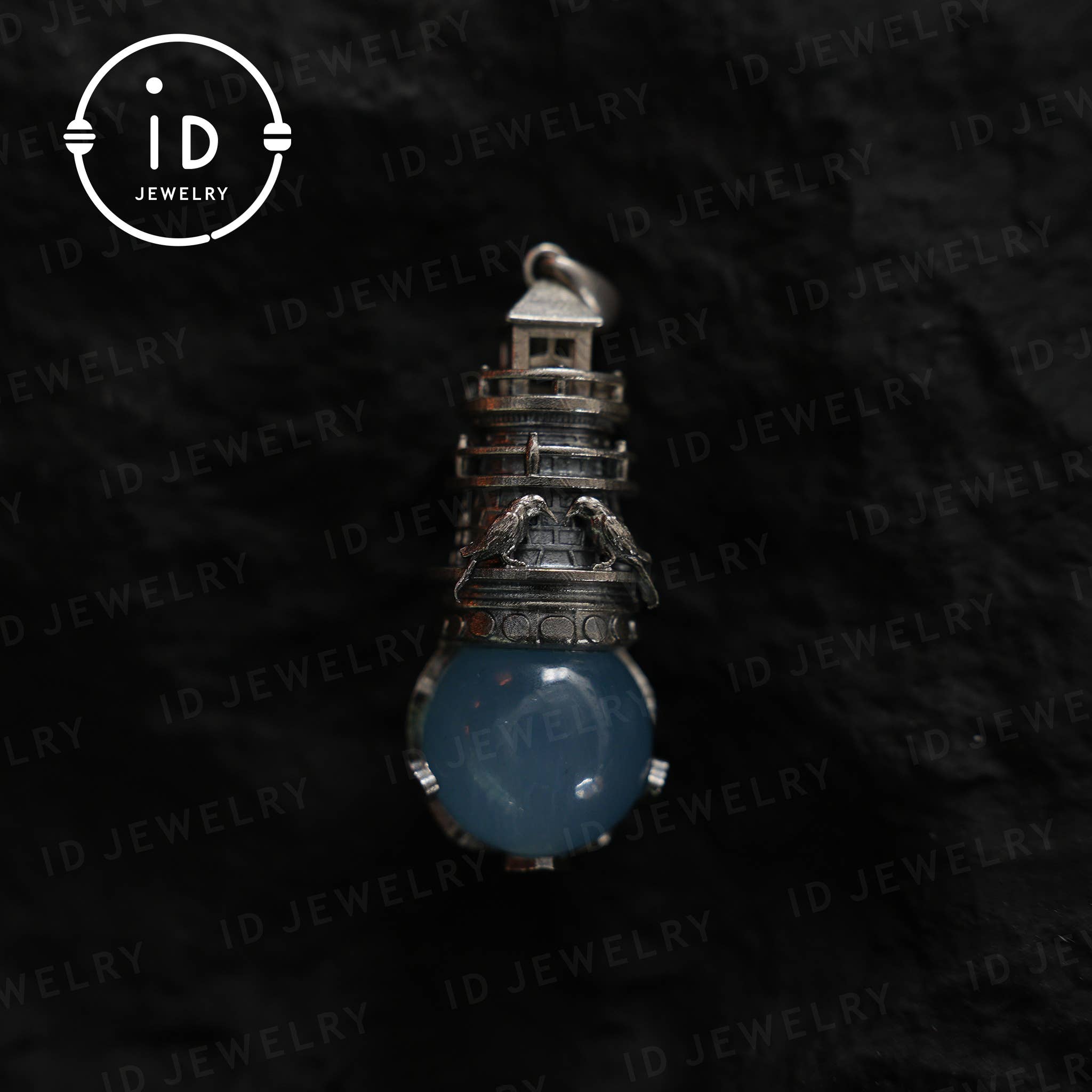idjewelry – wholesale Individual charm/pendant – Handmade Lighthouse Pendant | Gothic Amulet with Aquamarine | Mystic Ravens | Magical Protection Jewelry | Vintage Fantasy Style