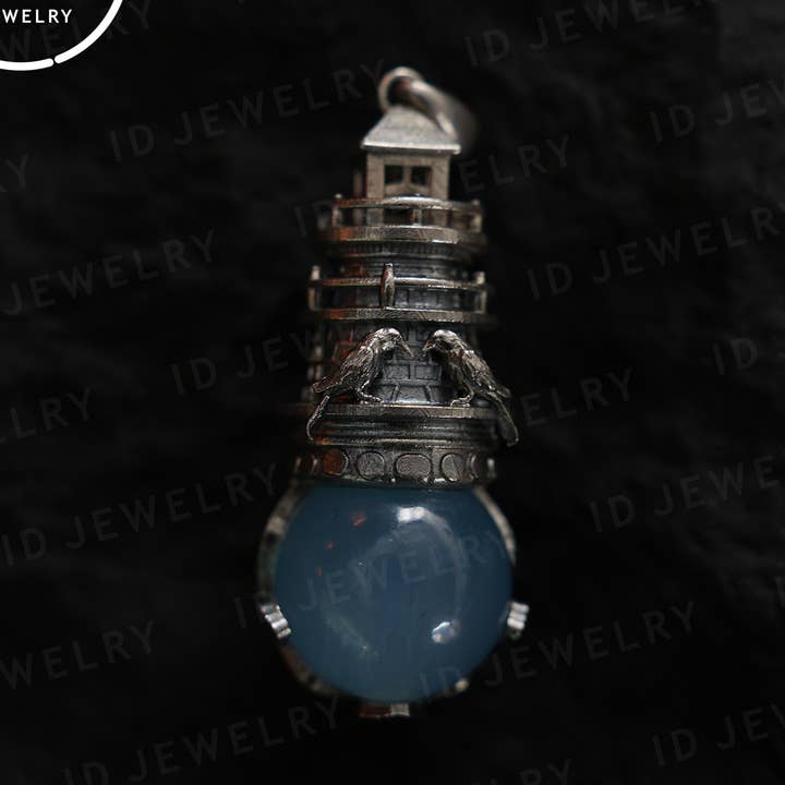 idjewelry – wholesale Individual charm/pendant – Handmade Lighthouse Pendant | Gothic Amulet with Aquamarine | Mystic Ravens | Magical Protection Jewelry | Vintage Fantasy Style0