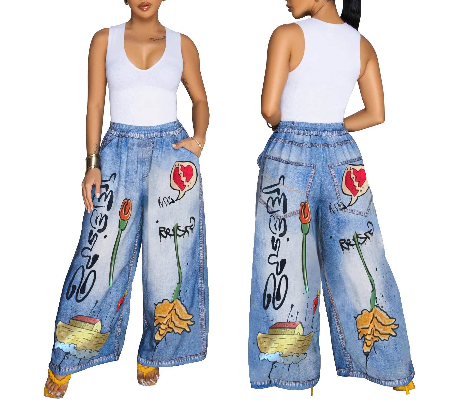 Rosa Clothing - Wholesale Pants - Women's - Women's Colorful Floral Print Loose Casual Wide-Leg Pants0
