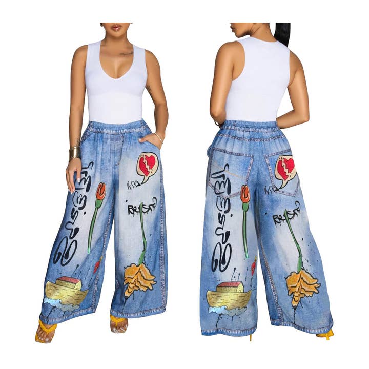 Rosa Clothing - Wholesale Pants - Women's - Women's Colorful Floral Print Loose Casual Wide-Leg Pants