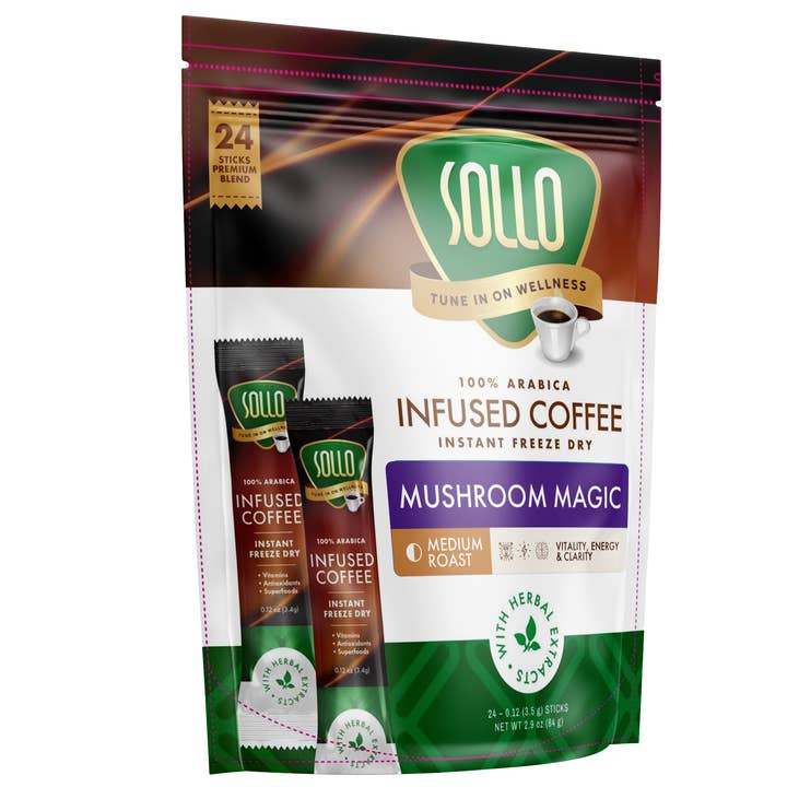 Bâtonnets de café instantané aux champignons magiques infusés, 24 unités pour la vente par Sollo Wellness