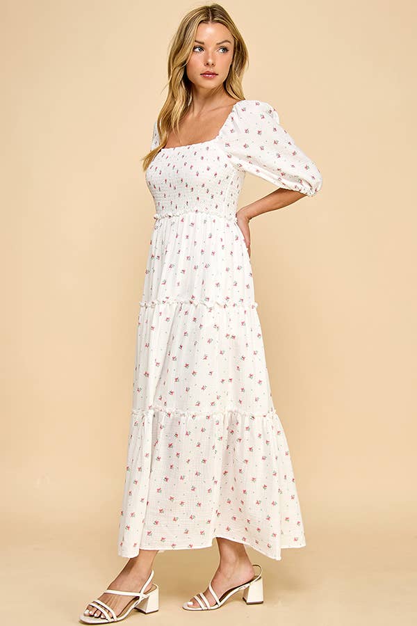 Million Colors - Vendita all'ingrosso Vestito - Donna - Abito Midi a Balze con Maniche a Sbuffo e Motivo Floreale Rosso Off-White di Hattie5