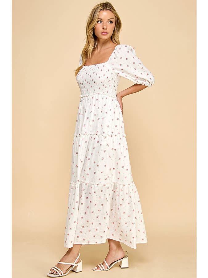 Million Colors - Vendita all'ingrosso Vestito - Donna - Abito Midi a Balze con Maniche a Sbuffo e Motivo Floreale Rosso Off-White di Hattie5