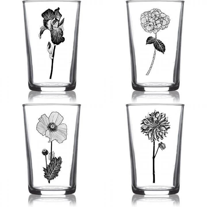 Conjunto de 4 copos Euro para vinho/sumo 6,75 oz — Série Flor, preto, em caixa por atacado de Salty Raven Glassware
