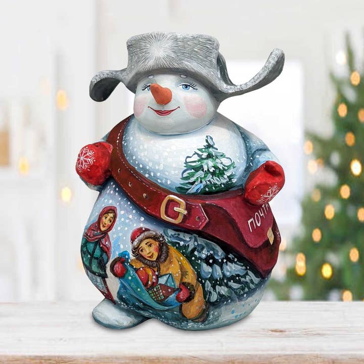 Muñeco de nieve navideño tallado en madera, obra maestra de G. DeBrekht para venta al por mayor de G.DeBrekht Artistic Studios