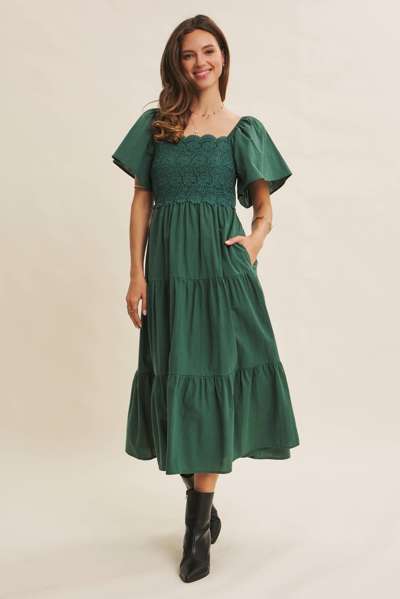 in february - Wholesale Dress - Women's - ESSENCE OF FALL TIERED CROCHET MIDI DRESS WITH FLUTTER SLVS22