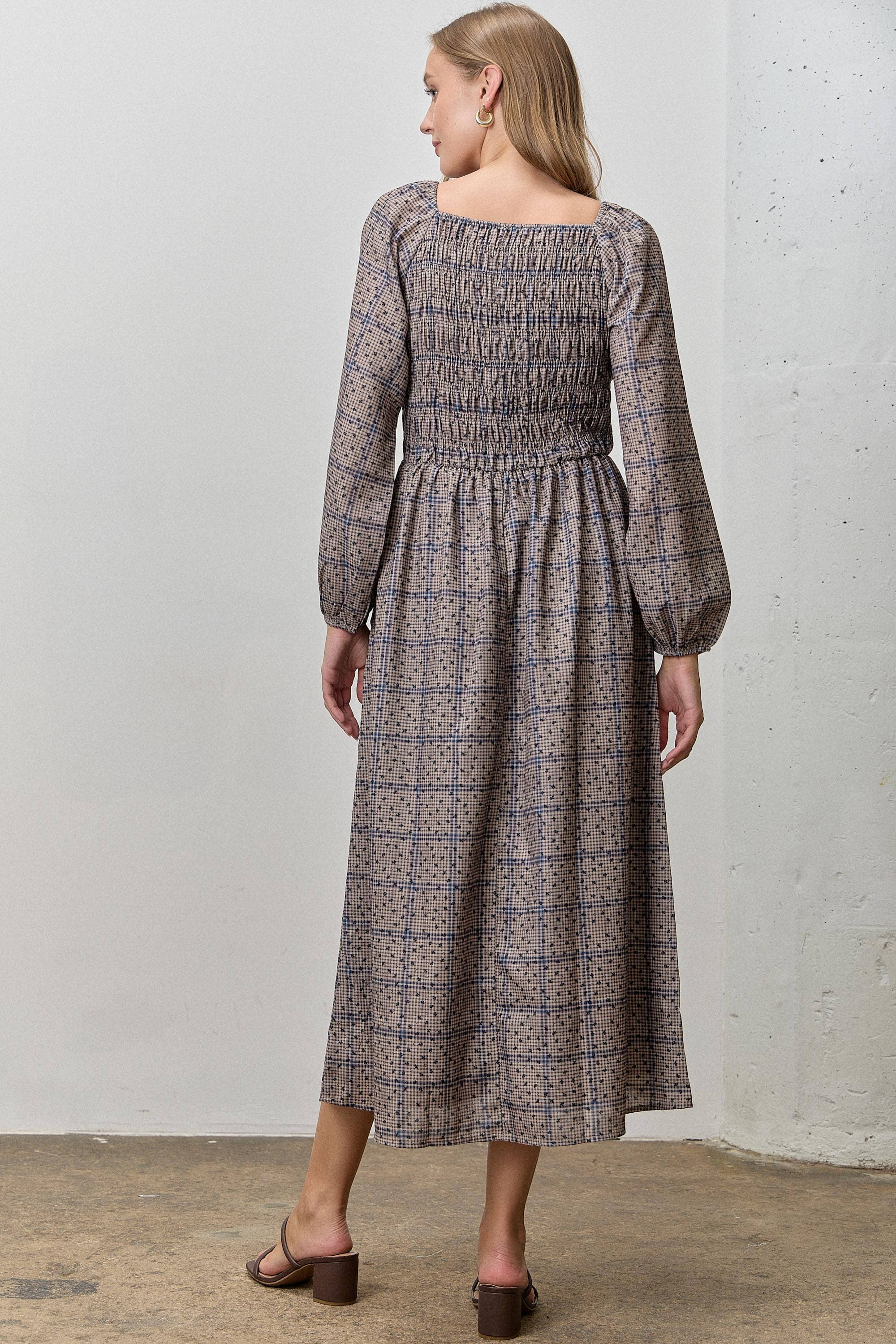 DK BROWN MULTI DITSY PLAID SMOCKED MIDI DRESS for wholesale on Faire2