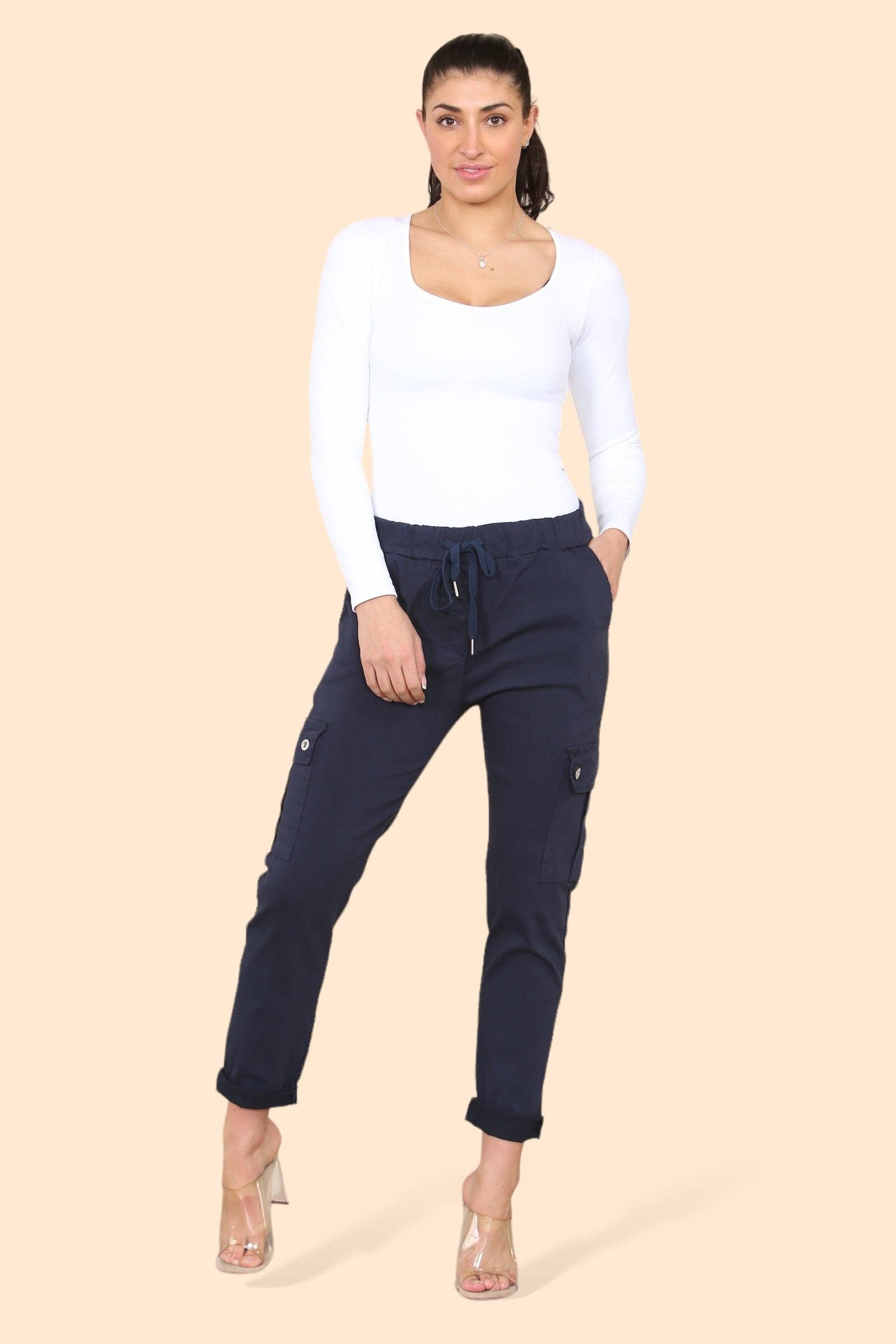 Kurt Muller – wholesale Pants – Women's – Plain Cargo Stud Pocket Bi-Stretch Magic Trousers10