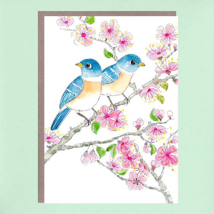 Couple de merles bleus parmi les fleurs printanières pour la vente par Flower Bird Art Studio