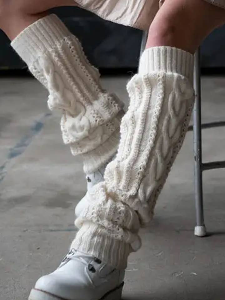 DOUBLJU - Wholesale Legwarmers - Women's - Long Thick Knit Cable Hollow Out Warm Winter Leg Warmers