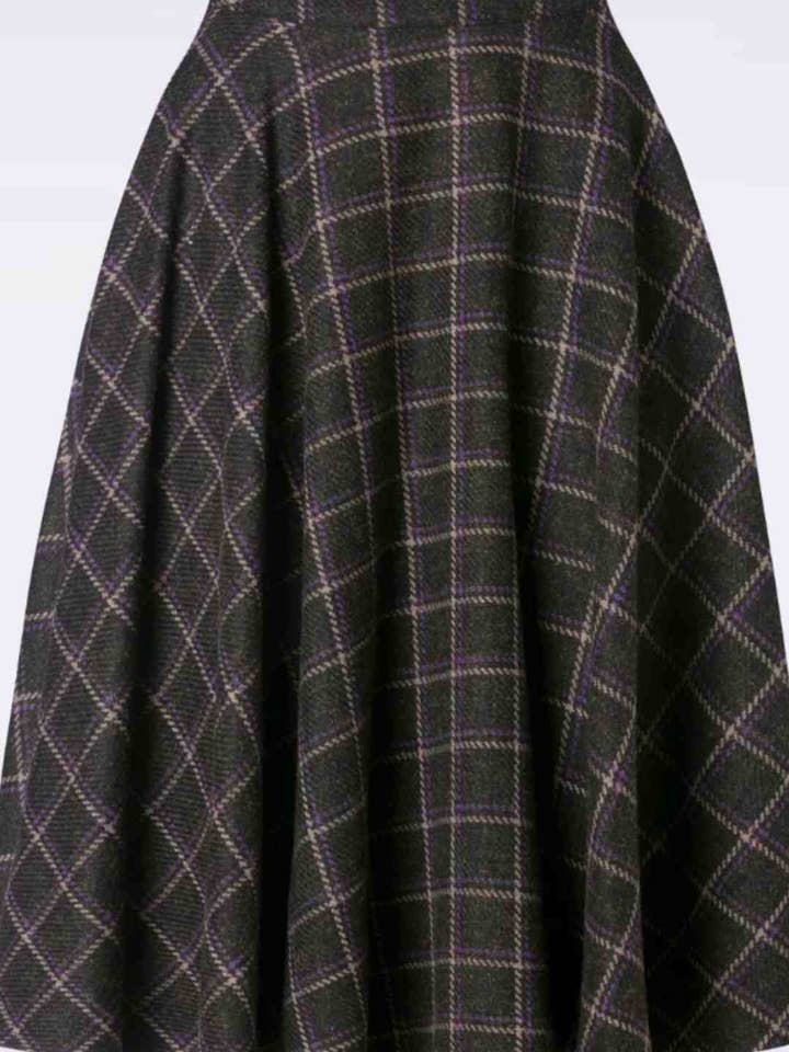 Sophie Purple Woollen Check Tartan Midi Swing Skirt for wholesale by Timeless London