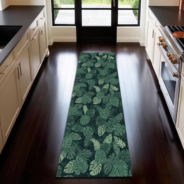 Tropical Leaf Runner Rug: Green Palm Botanic Coastal Decor for wholesale by Rugendary Trade LLC