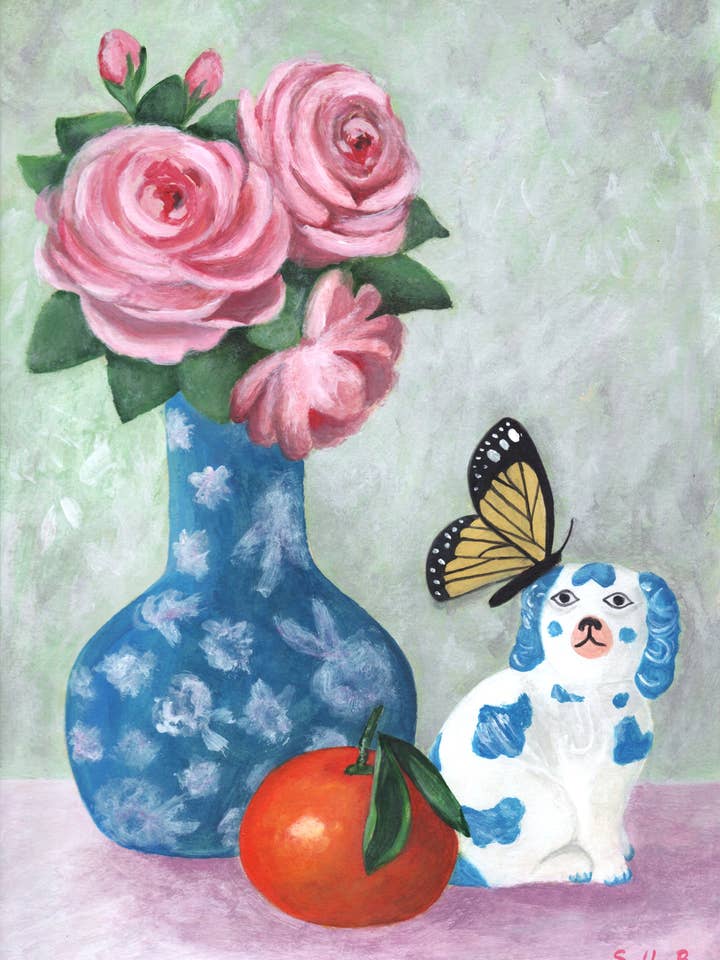 Strafforshire Dog chinoiserie vase art print with mandarin for wholesale by Sally B