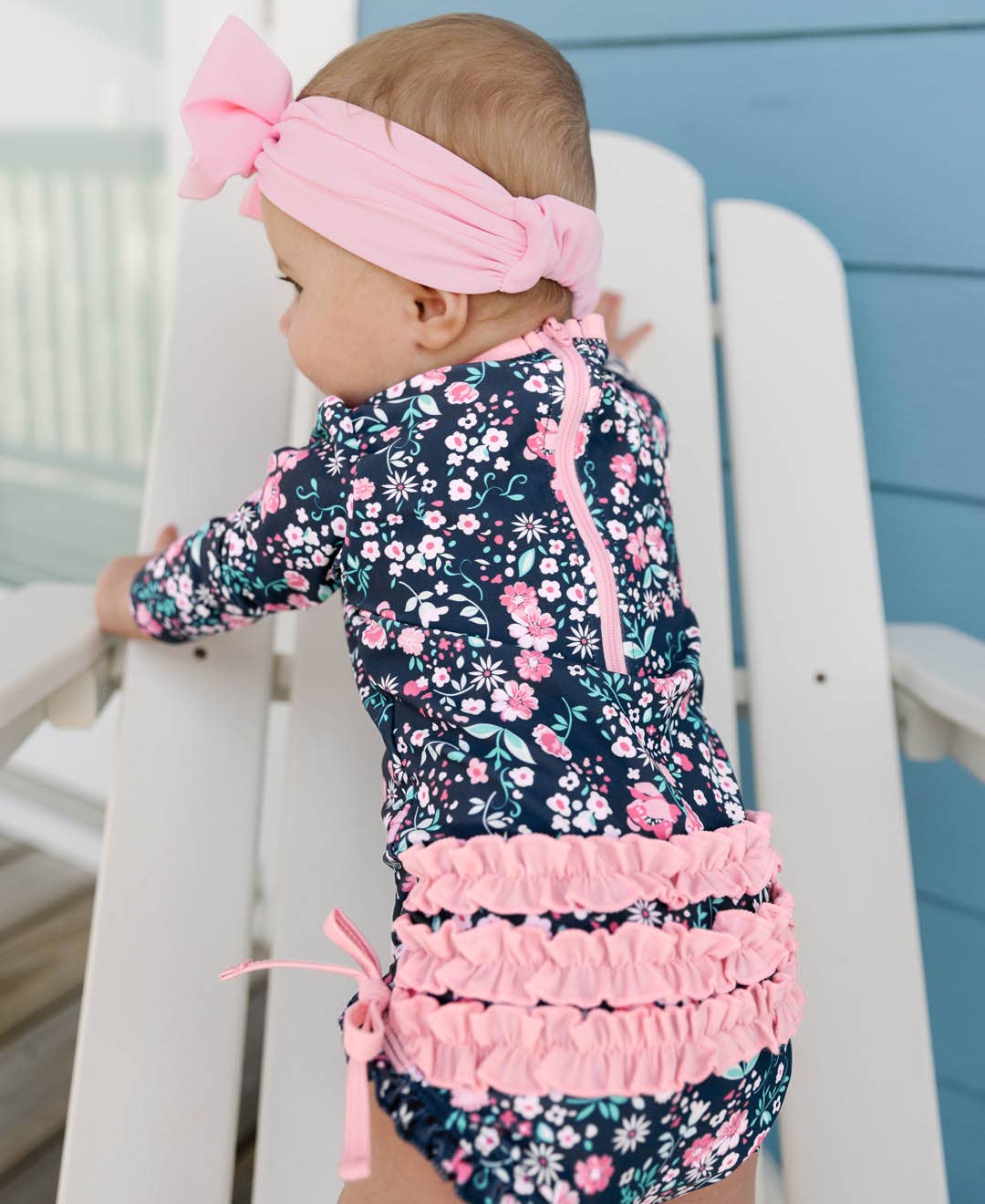 RuffleButts + RuggedButts - Wholesale Rashguard - Baby - Baby Girls Moonlit Meadow Long Sleeve One Piece Rash Guard Swimsuit with Signature Rear Ruffles4