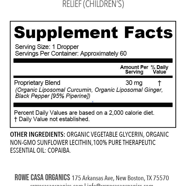 Rowe Casa Organics - Wholesale Oral Supplement/Vitamin - RELIEF | Children's (no Willow Bark)