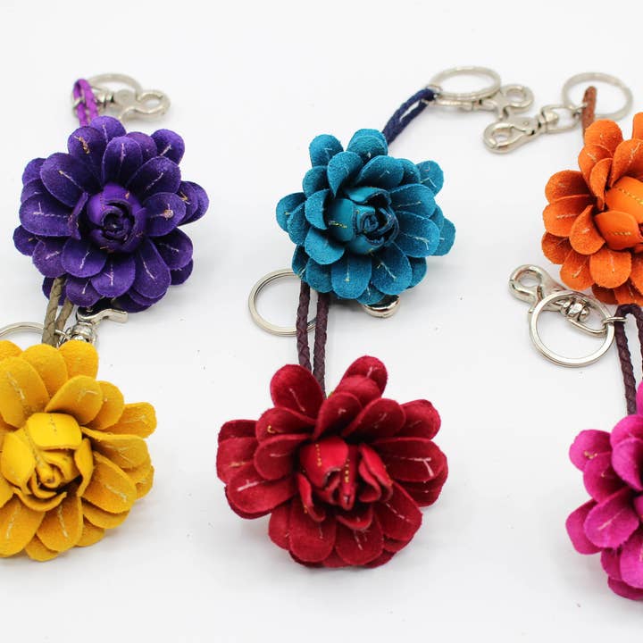 Leather flower key chain purse charm rose for wholesale by Sunflower Handmade leather inc