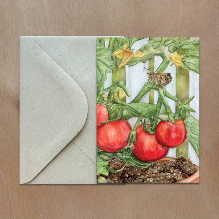 Skipper på tomatplante lykønskningskort for engroshandel hos Rachael Bee Artwork