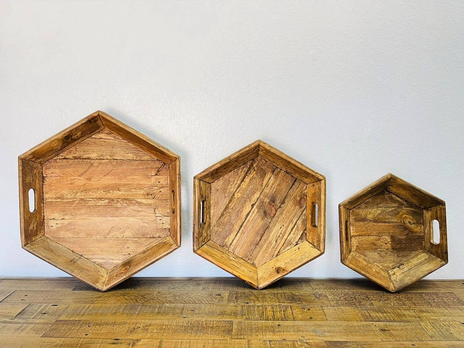 Rustic Farm - Wholesale Decorative Tray - Hexagonal Wood Trays, 3pc Set, Natural, Handmade - 5.12