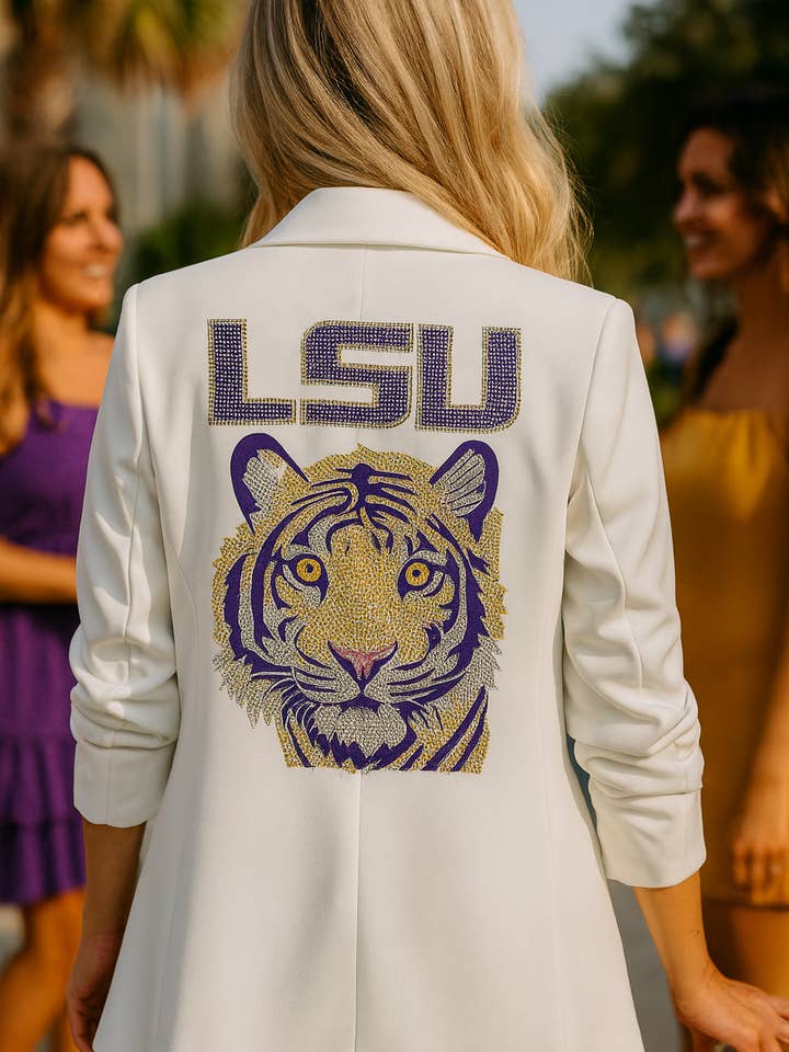 Blazer Roxo Tigre Branco LSU com Mangas Franzidas por atacado de Moving Forward Designs