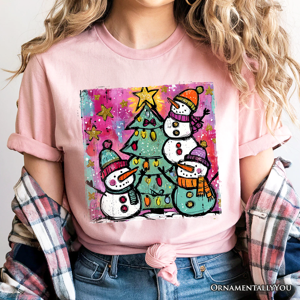 OrnamentallyYou - Vente T-shirt sérigraphié – femme - T-shirt Arbre de Noël Bonhommes de Neige Aquarelle, Vacances Vintage9