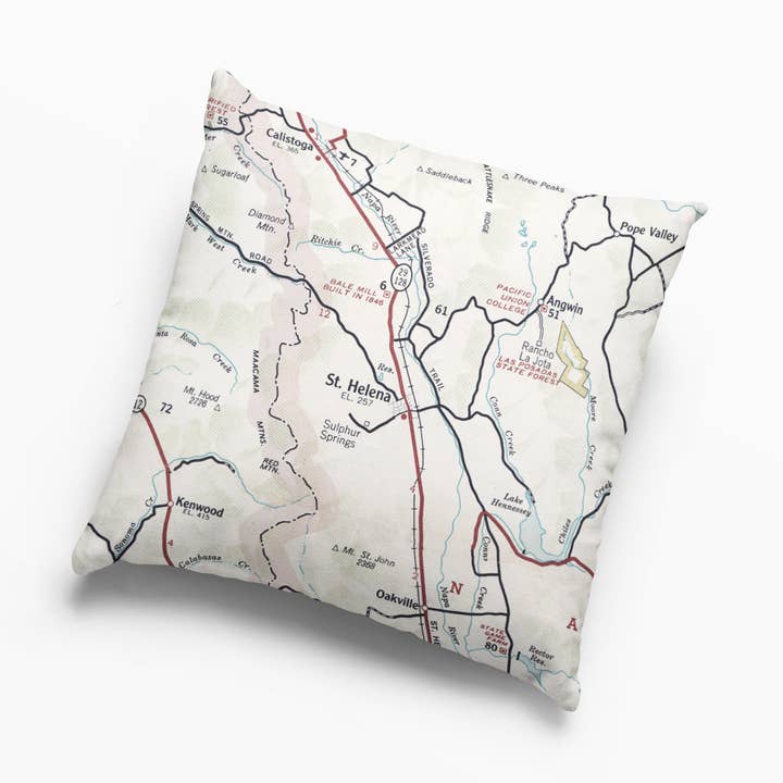 St Helena Napa California Vintage Map Pillow – 18" Square for wholesale by Daisy Mae Designs
