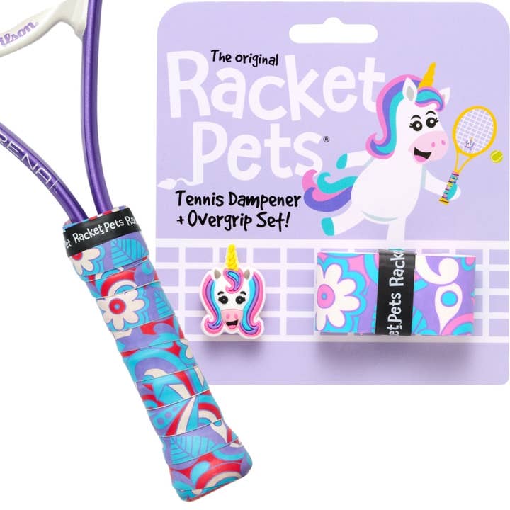 Unicorn Pink/Purple Tennis Overgrip Tape and Matching Shock Absorbing Dampener for Tennis Racket for wholesale by Racket Pets