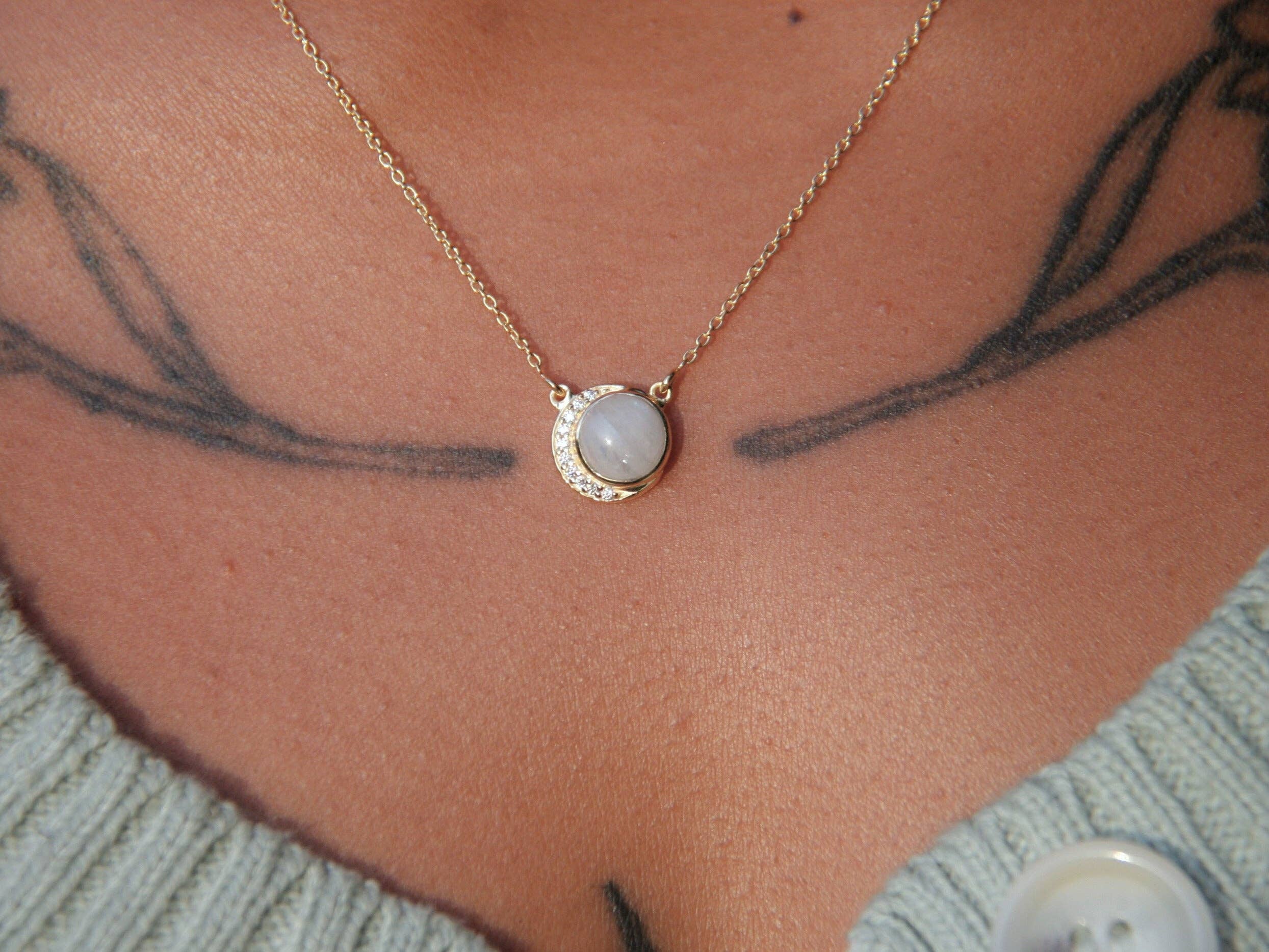 Heart and Lotus Sterling Silver Jewelry - Wholesale Pendant/Charm Necklace - Crescent Moonstone Necklace in Rainbow Moonstone, Cubic Zirconia + Gold2