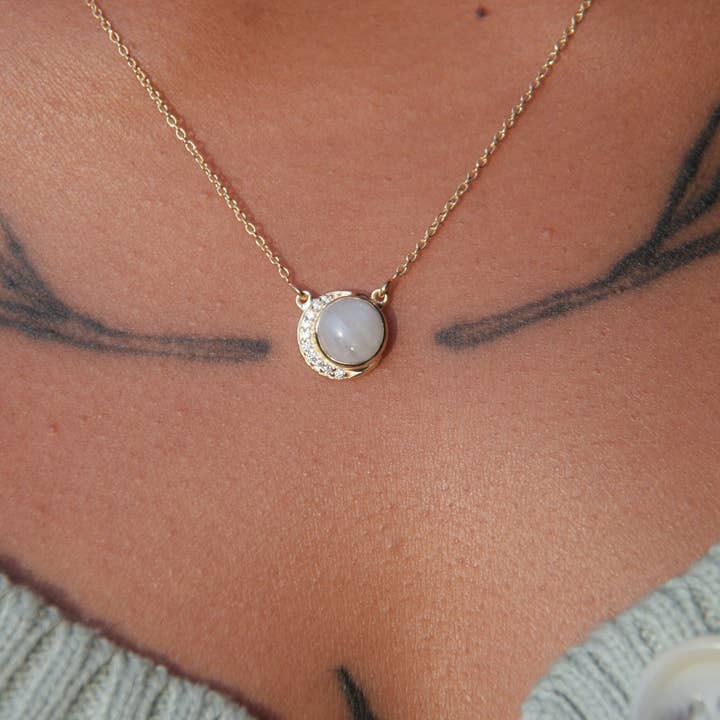 Heart and Lotus Sterling Silver Jewelry - Wholesale Pendant/Charm Necklace - Crescent Moonstone Necklace in Rainbow Moonstone, Cubic Zirconia + Gold2