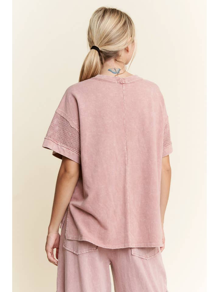J.Her - Wholesale Blouse - Women's - MineralWash Mesh Pocket Sleeve top HT5649.