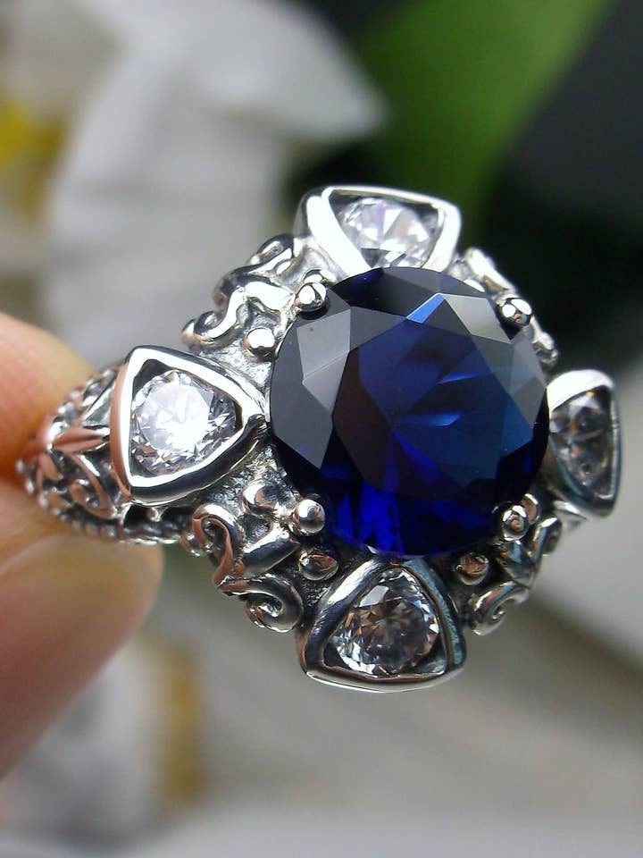 Blue Sapphire Ring, 5-Gem Art Deco Ring, Sapphire Vintage Revival Jewelry #D138 for wholesale by Silver Embrace Jewelry