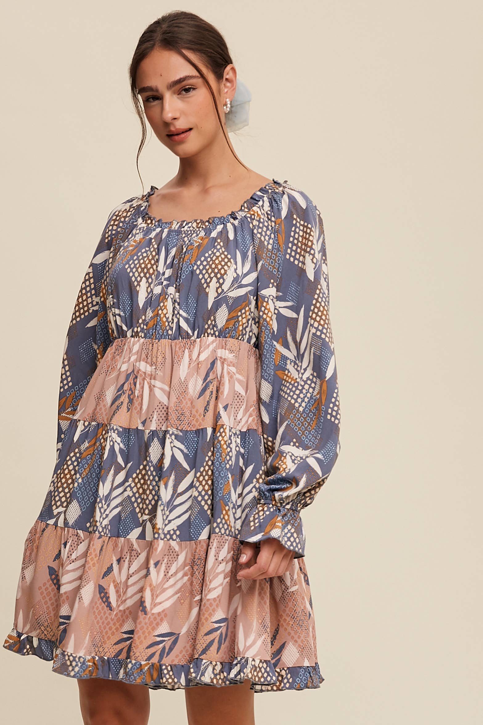 Listicle - Wholesale Dress - Women's - Patchwork Puff-Sleeve Tiered Mini Dress14