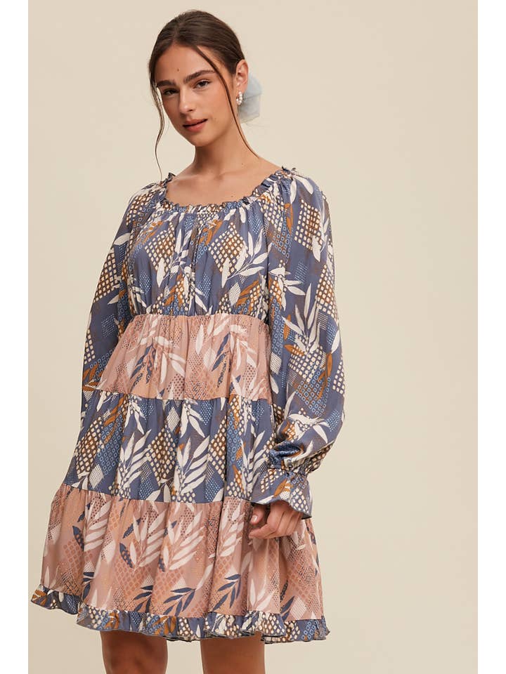 Listicle - Wholesale Dress - Women's - Patchwork Puff-Sleeve Tiered Mini Dress14